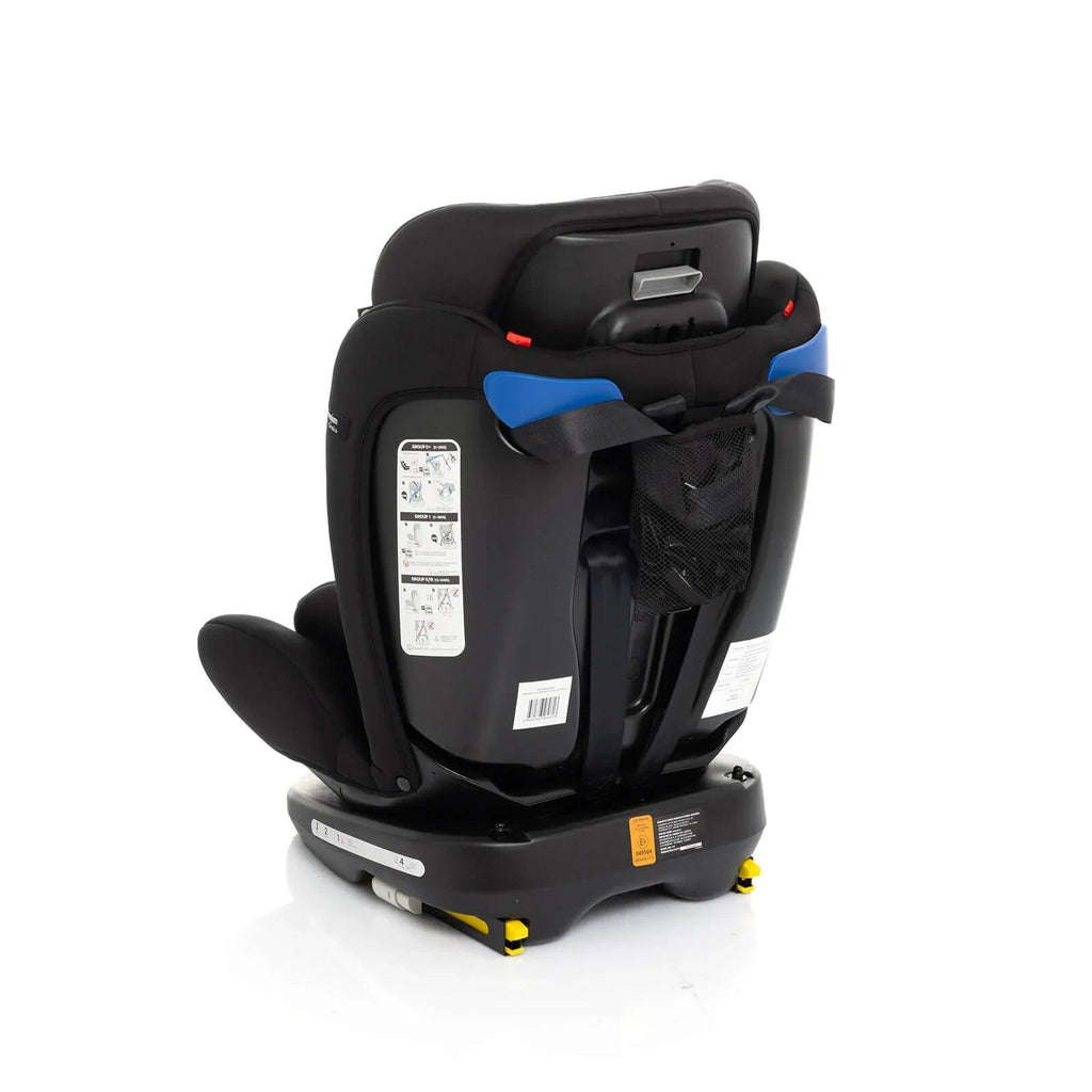 Black car seat side view with blue belt guide and instruction label on shell