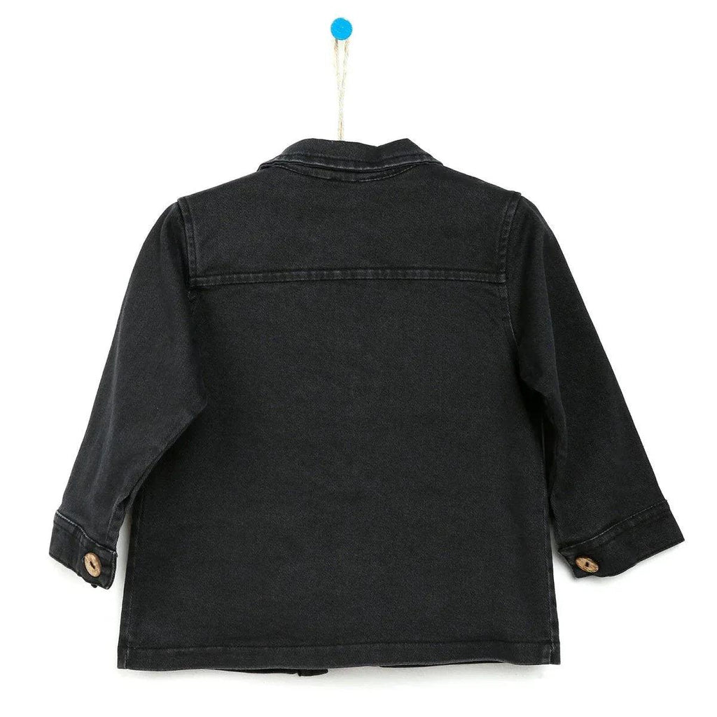 Back view baby boy dark anthracite jacket with button cuffs and yoke seam