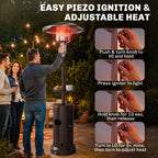 Brown gas patio heater with piezo ignition knob and glowing burner