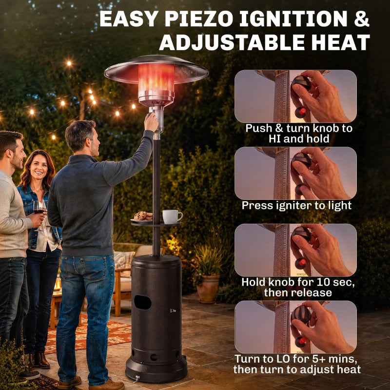 Brown gas patio heater with piezo ignition knob and glowing burner