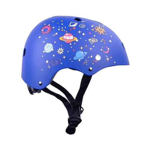 Blue kids helmet with space print and adjustable chin strap