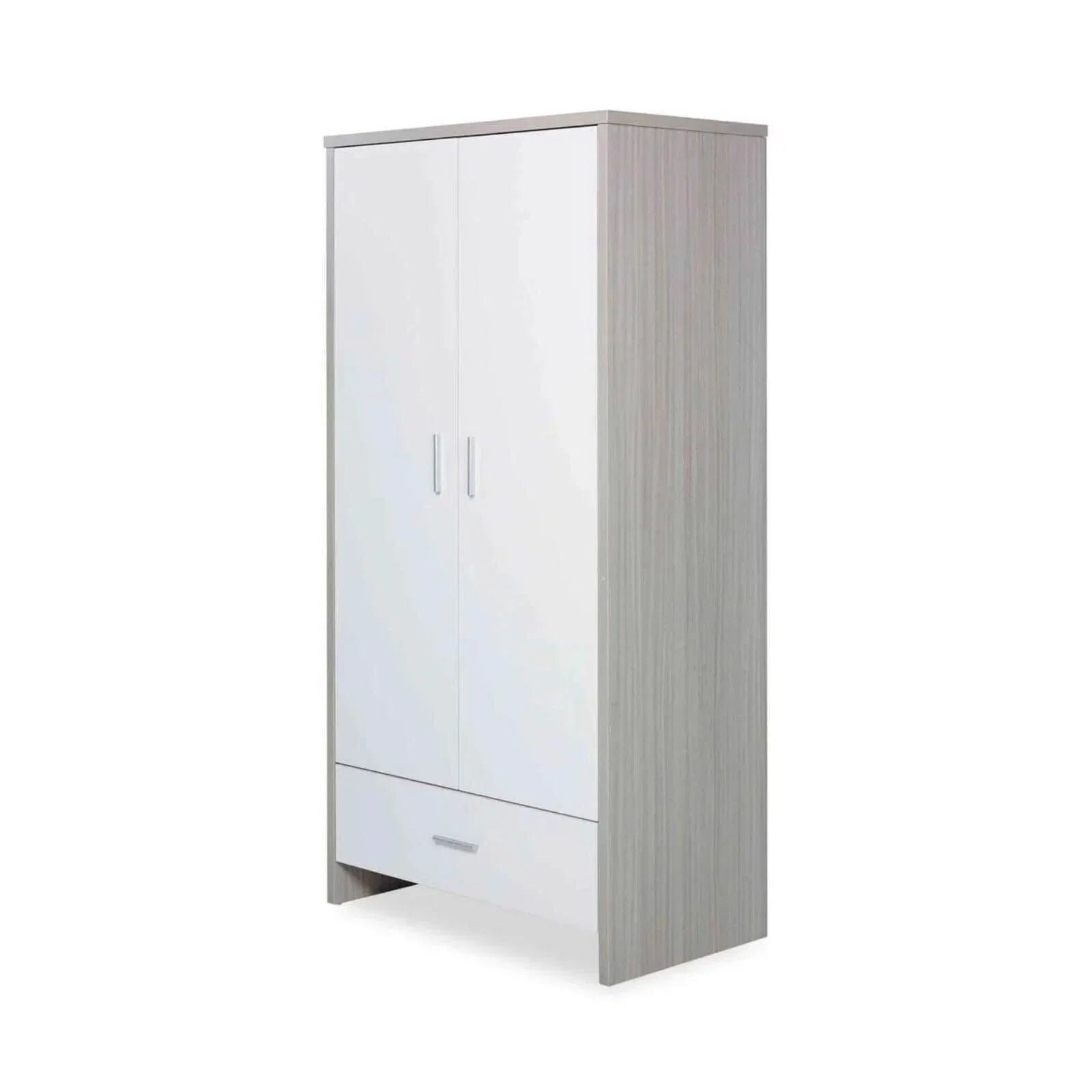 Grey-and-white tall wardrobe with two doors and lower drawer