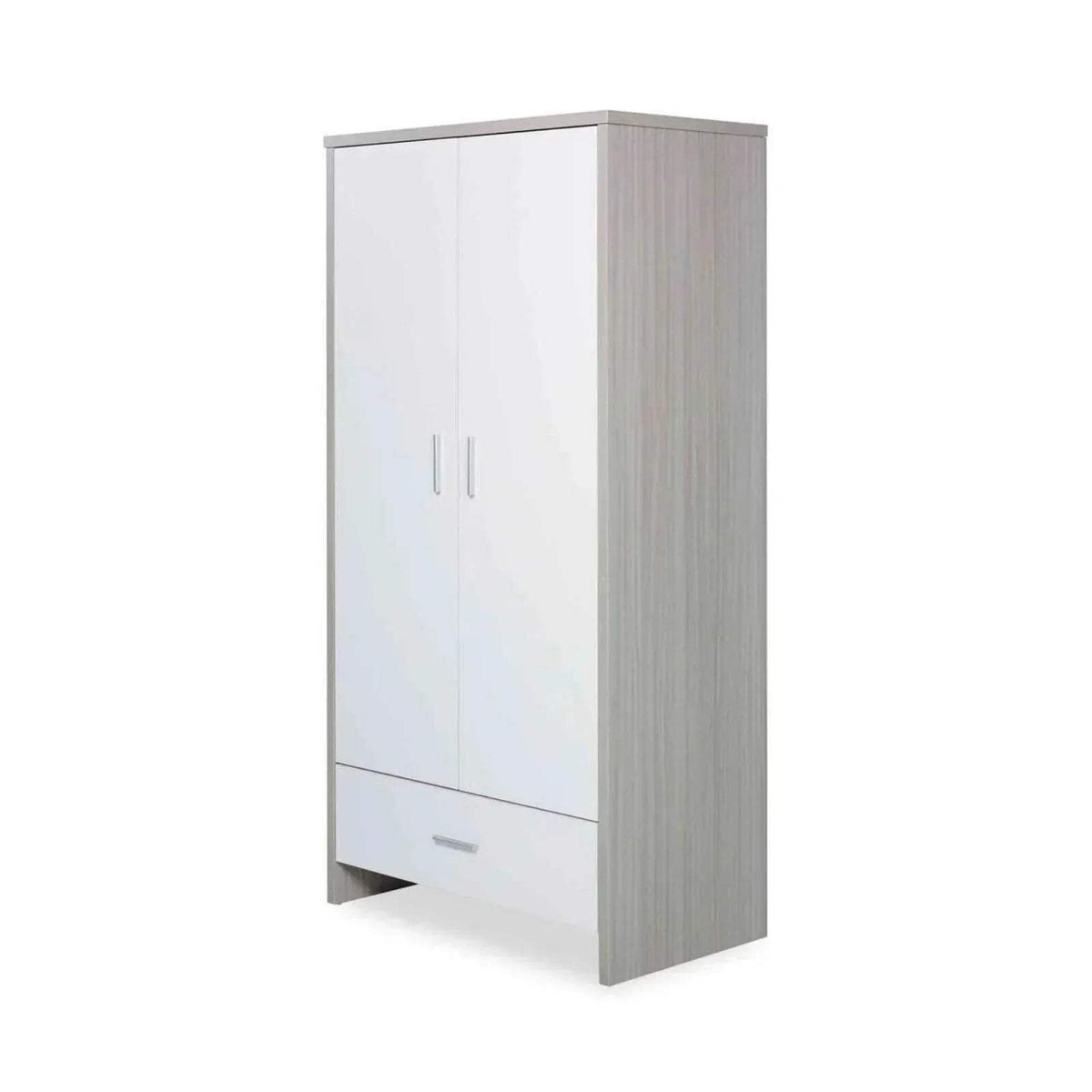 Ash grey and white wardrobe cabinet with two door panels and a bottom drawer