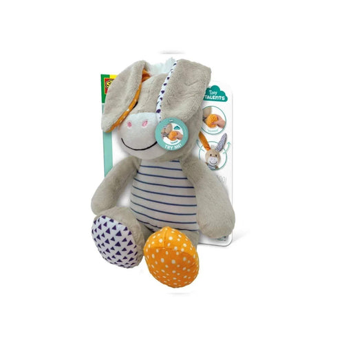 Gray donkey plush toy with long ears, striped outfit, orange and blue patterned plush balls
