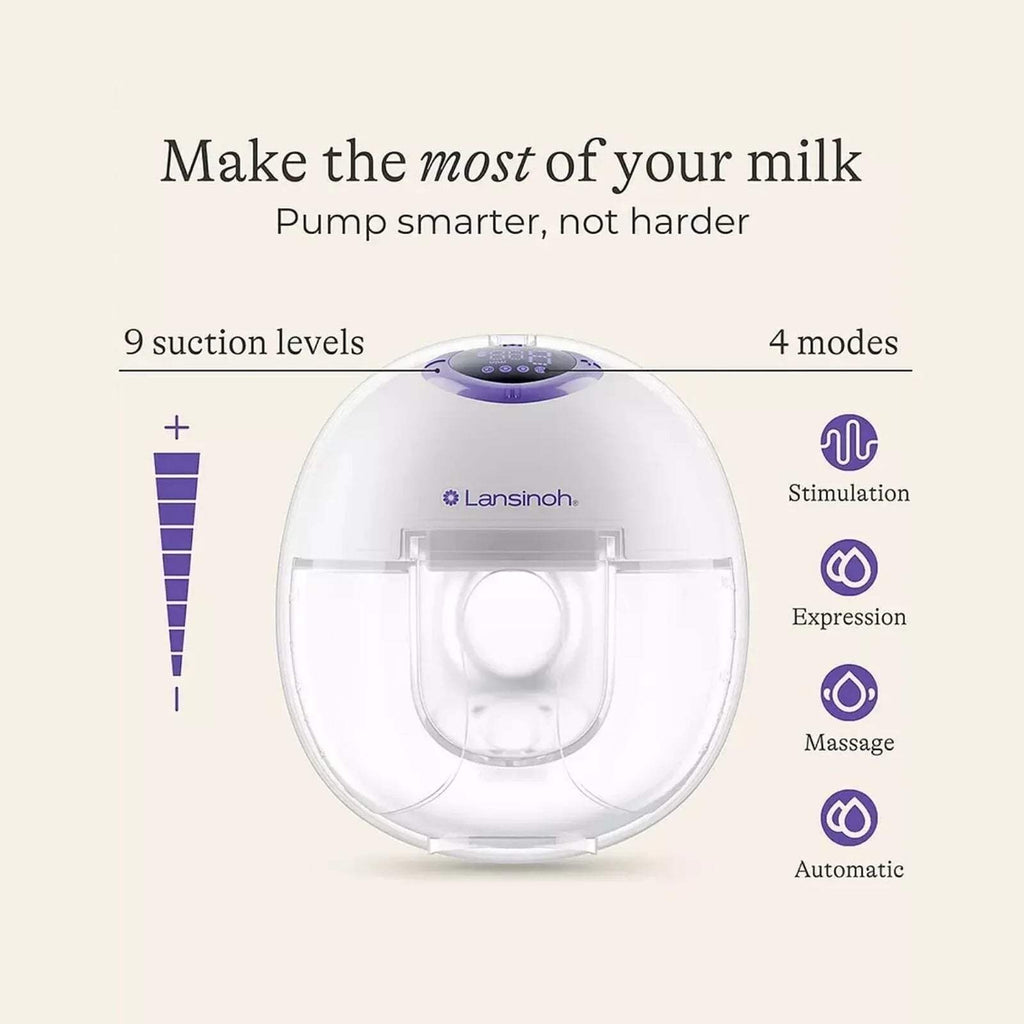 Wearable breast pump device with purple top controls and clear collection chamber