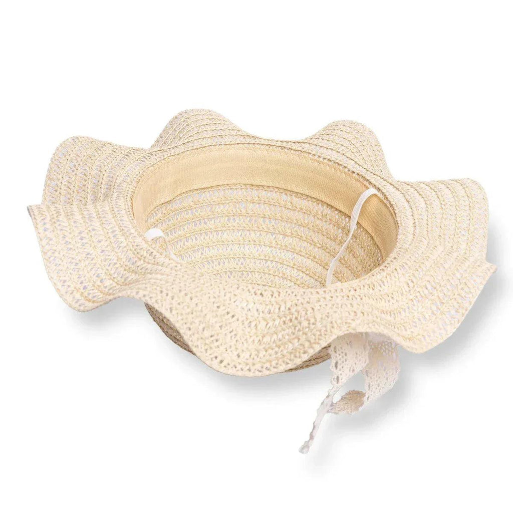 Ecru straw baby hat with ribbon trim, inside view shows soft lining
