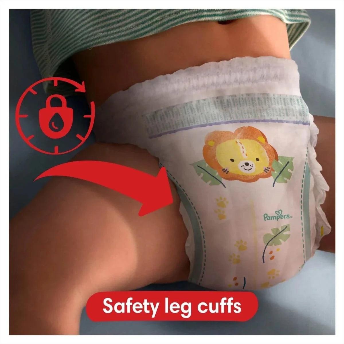 Baby-Dry pants diaper with safety leg cuffs, shown on child