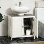 White under-sink cabinet with open double doors and built-in storage shelves.