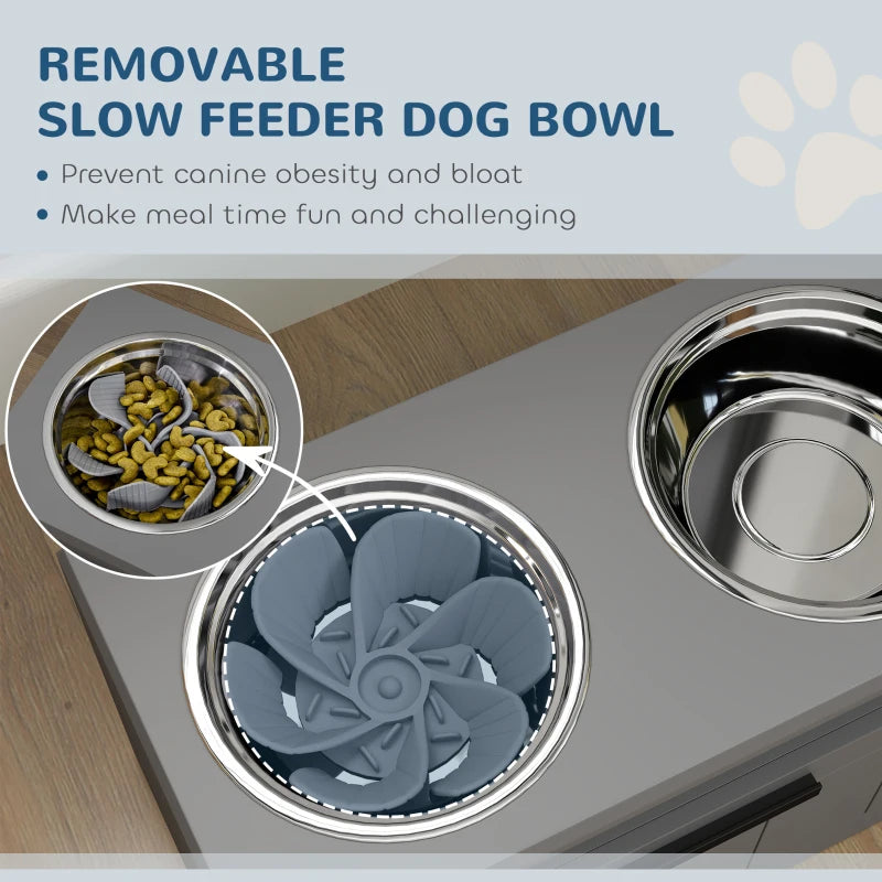 Grey raised dog bowl with removable slow feeder bowl and stainless insert