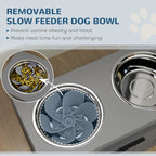 Grey raised dog bowl with removable slow feeder bowl and stainless insert
