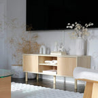Wood-effect TV console cabinet with sliding-door doors and open middle shelf