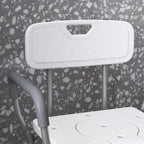 White shower stool close-up of backrest and seat with circular commode opening
