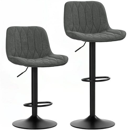 Pair of charcoal gray linen-look bar stools with curved padded seats and black round bases