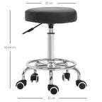 Black round padded height-adjustable stool with chrome circular base and caster wheels