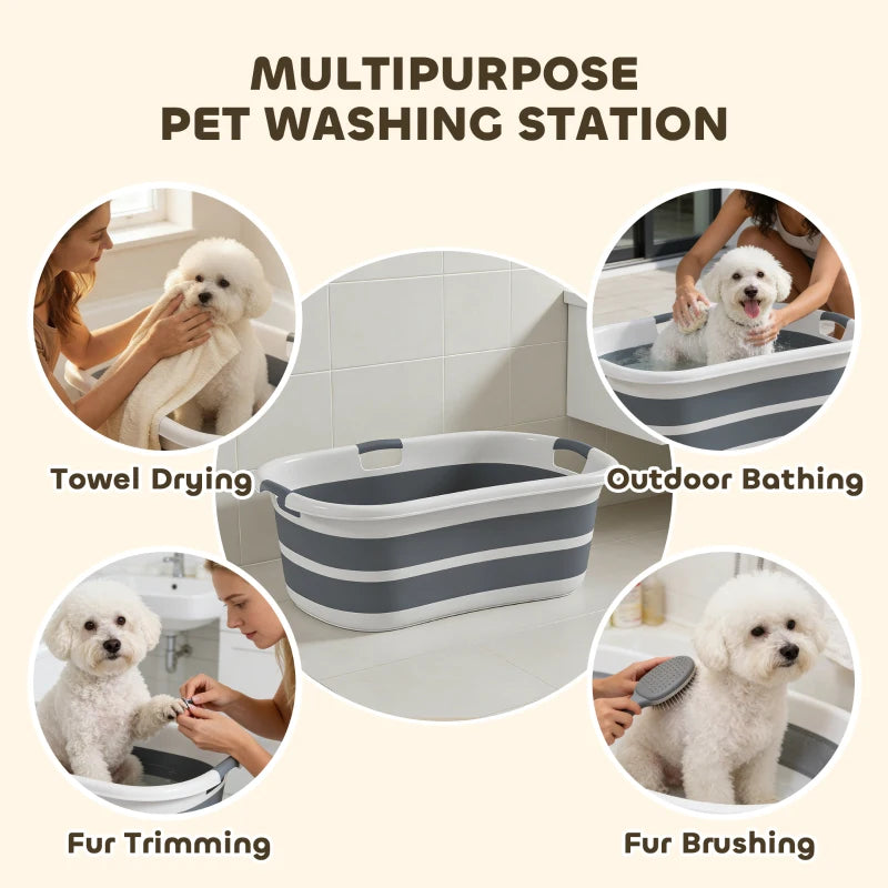 Grey striped pet washing tub with foldable design and built-in side handholds