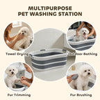 Grey striped pet washing tub with foldable design and built-in side handholds