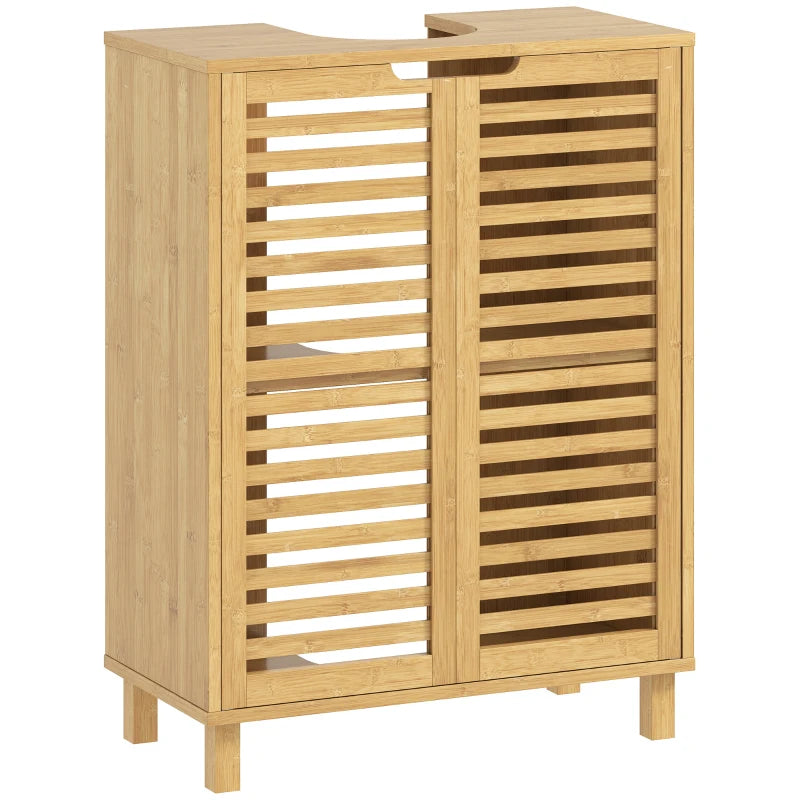 Freestanding natural wood under-sink cabinet with two louvered doors and slatted fronts