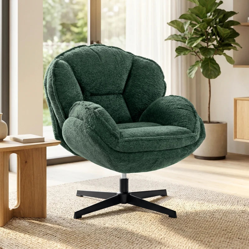 Dark green velvet wingback swivel accent chair with black four-star base, angled view