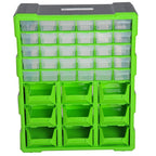 Green plastic 39-drawer organizer cabinet with clear top compartments and multiple large drawer bays