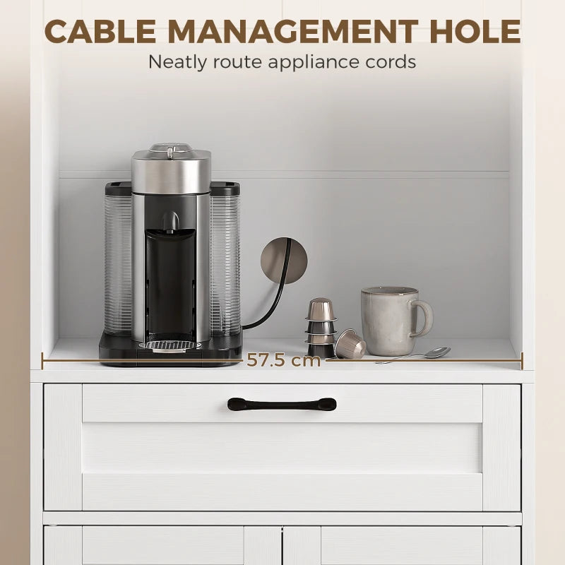 White pantry shelf with cable management hole for appliances and cups