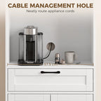 White pantry shelf with cable management hole for appliances and cups