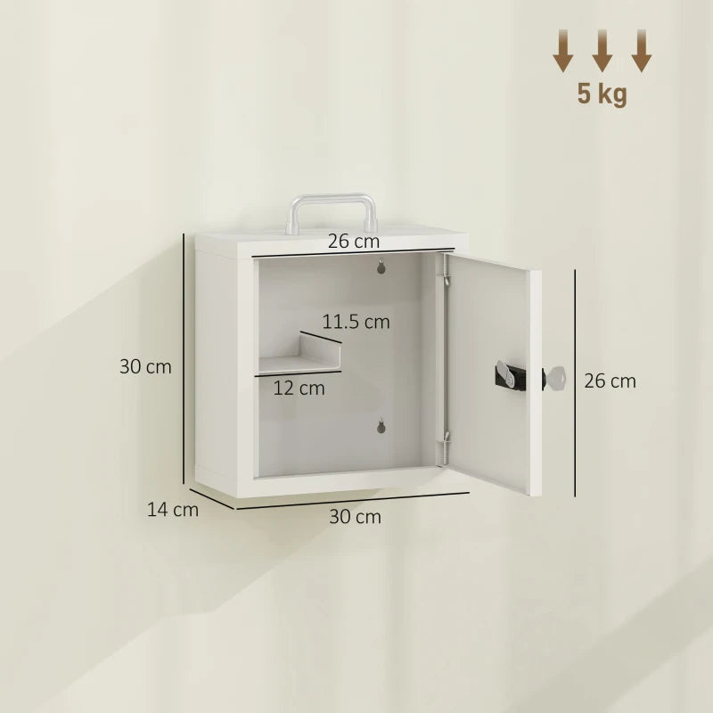 Open white medicine cabinet showing two-tier interior and wall-mount frame