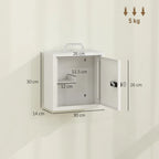 Open white medicine cabinet showing two-tier interior and wall-mount frame