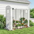 White mini greenhouse with potted flowers and mesh side panels