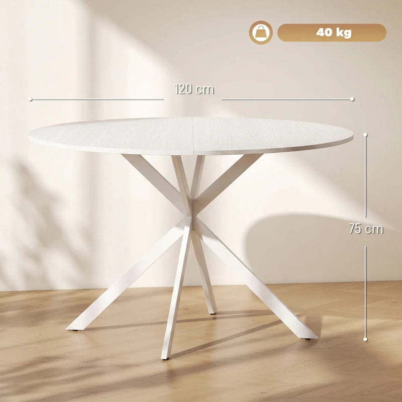 White round dining table, 120 cm top with steel X legs, side view