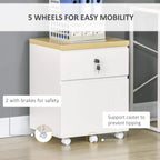 White mobile filing cabinet on five caster wheels with brakes; lock visible on front.