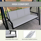 Grey padded three-seat swing chair with removable cushions and breathable fabric