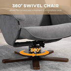 Grey swivel recliner chair showing circular base and footrest support.