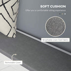 Gray upholstered bench cushion with removable cover and textured fabric