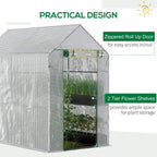 White walk-in greenhouse with zipped roll-up door and two-tier flower shelves