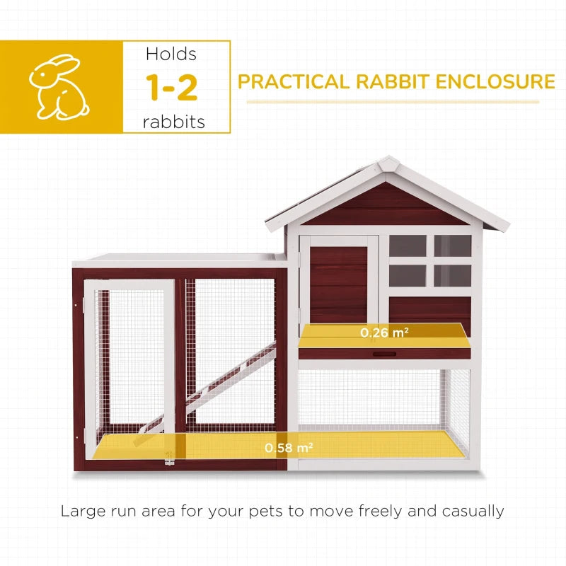 Rabbit enclosure hutch with split run, black roof, white frame, maroon doors and mesh