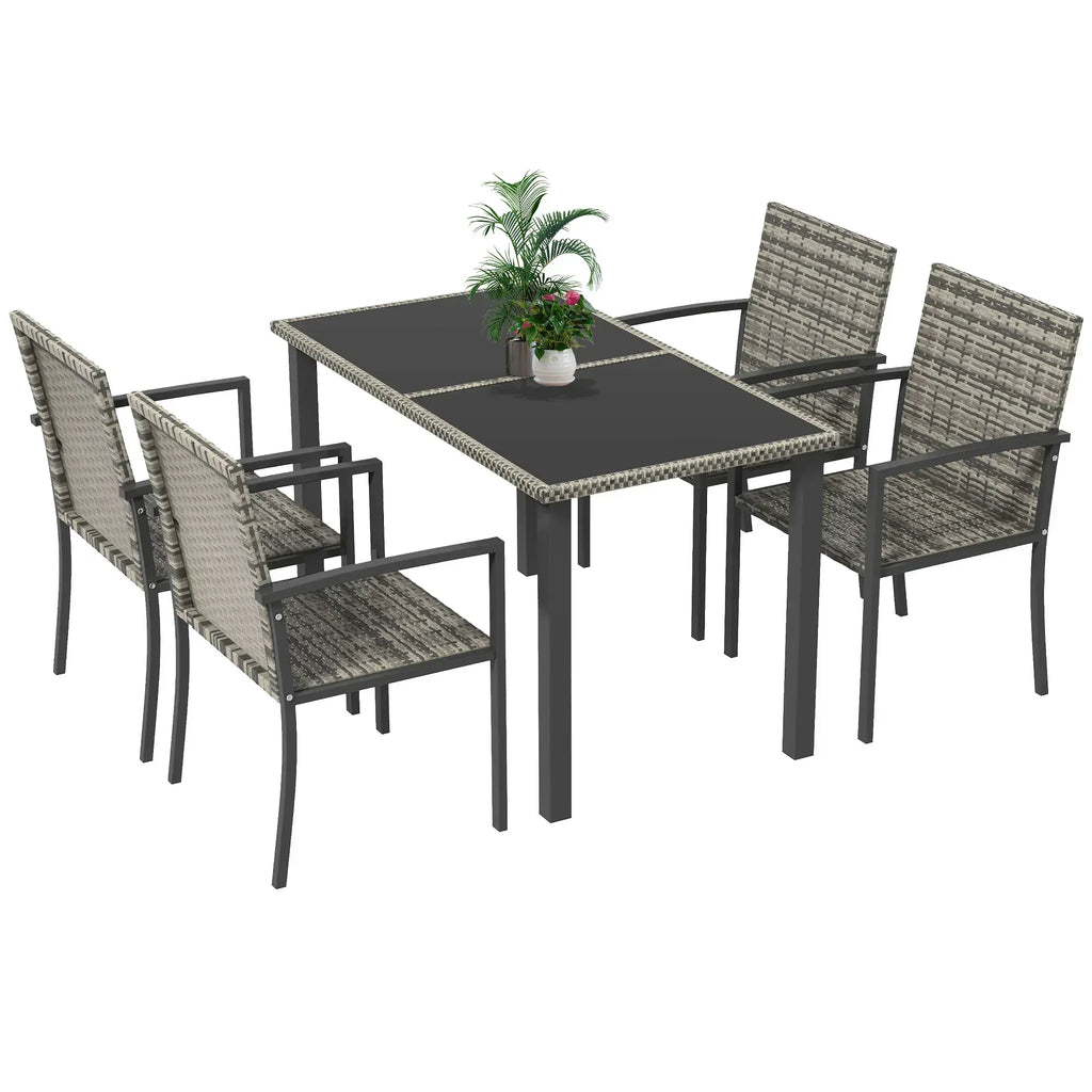 Outdoor Dining Set 5 Pieces Patio Conservatory with Tempered Glass Tabletop,4 Dining Chairs - Mixed Grey - Bobobiy