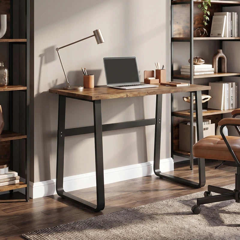 Industrial writing desk with brown top and black metal legs for home office