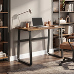 Industrial writing desk with brown top and black metal legs for home office