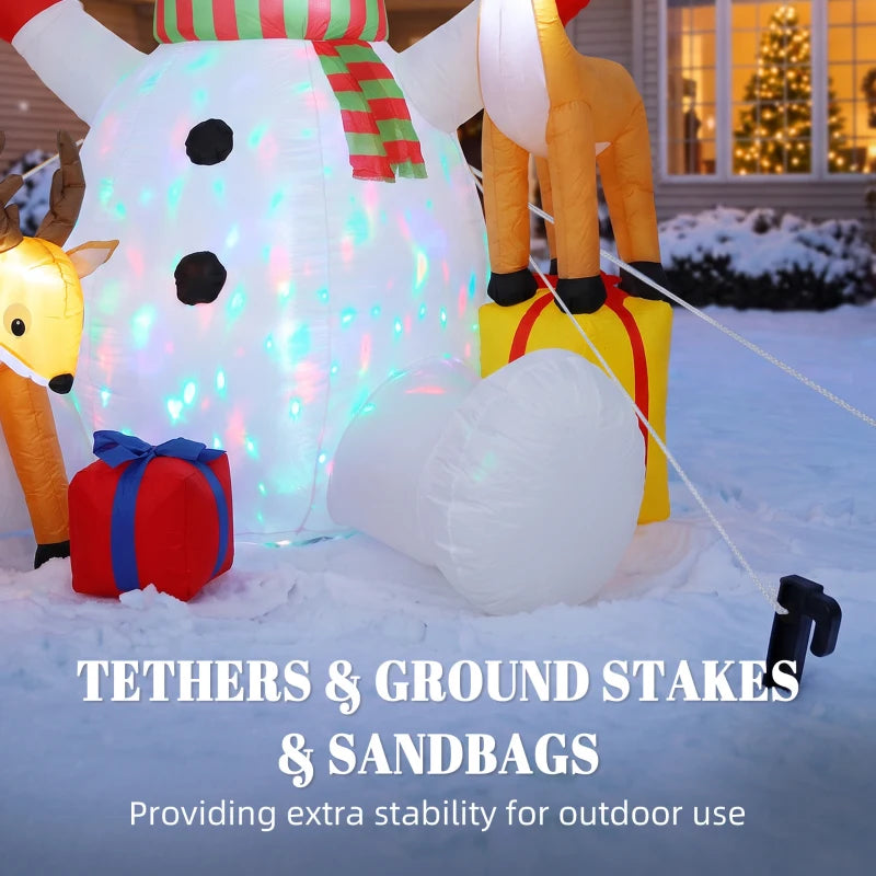 Inflatable snowman base with LED lights, reindeer figure, and small wrapped present