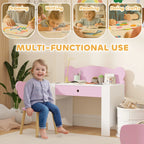 Pink bear-shaped kids chair with wooden legs beside white kids desk with drawer
