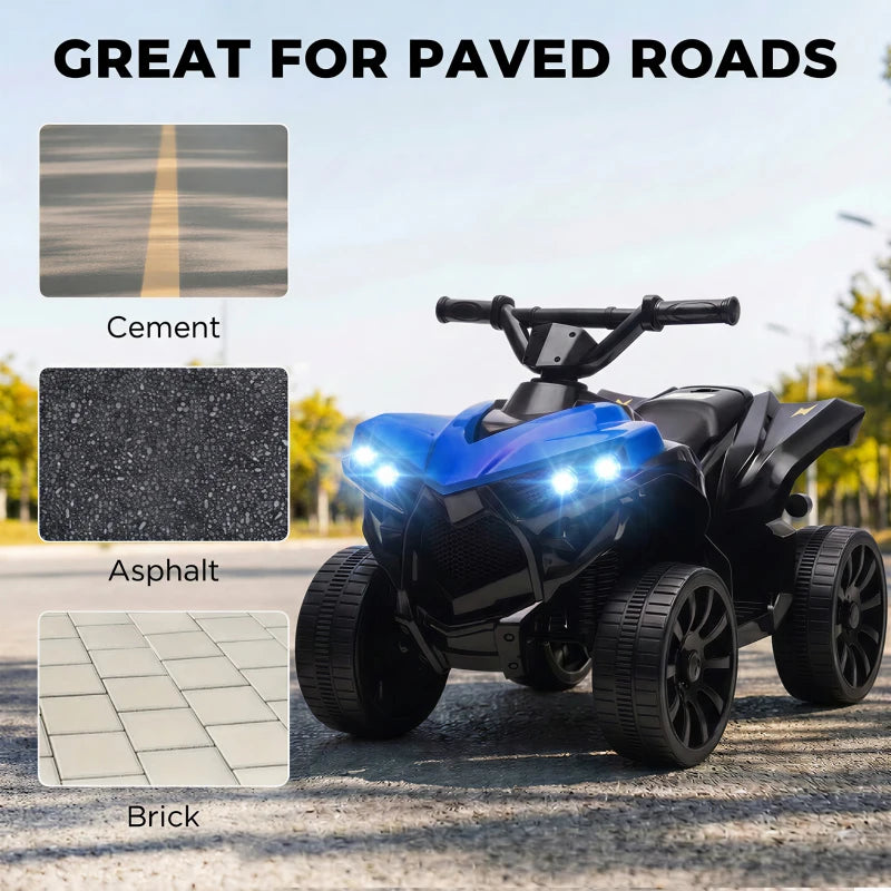 Blue electric ride-on ATV with LED headlights and thick tread tires