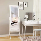 White freestanding full-length mirror on tripod legs with angled frame
