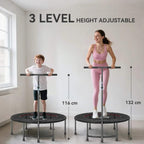 Black mini trampoline with adjustable handle and multiple height positions