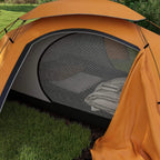 Orange dome tent side view with front mesh window panel and rainfly partially lifted