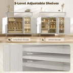 White sideboard with 3-level adjustable shelves inside open cabinet compartments