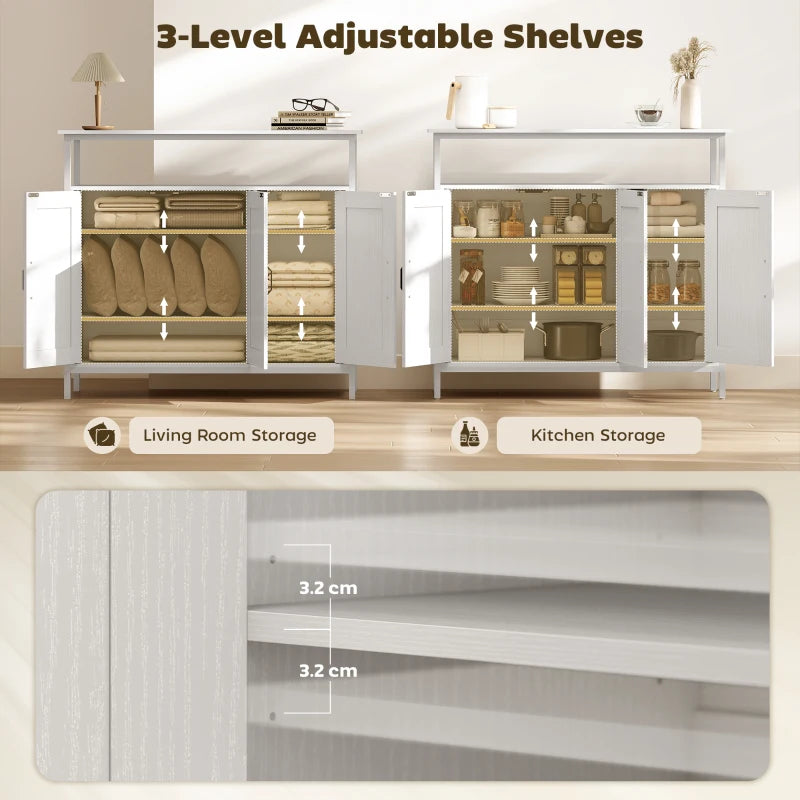 White sideboard with 3-level adjustable shelves inside open cabinet compartments