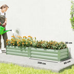 Set of two light green steel raised planter boxes, rectangular with slatted sides