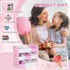 Pink kids storage rack with nine removable bins, shown next to a family with balloons