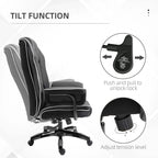 Black faux leather executive chair with white contrast piping and tilt control area