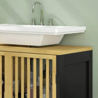Under sink cabinet top view with cut-out opening above white sink, bamboo slatted front